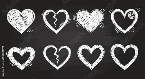 Set of Hand Draw Heart Illustrations on Black Background from Various View points