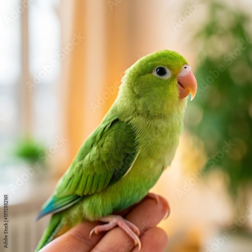 Tiny parrotlet bird perched on a hand cozy home background blurred soft focus close-up view adorable pet concept