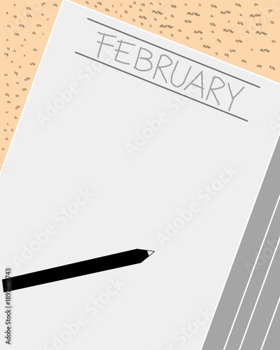 A clean February page layout with a pen on a minimalist notebook, perfect for planning, journaling, and creative projects in office or home settings.