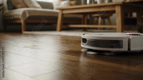 A modern and advanced robotic vacuum cleaner effortlessly gliding across the sleek, polished hardwood floor of a contemporary living room. showing smart home convenience.