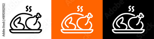Chicken dish outline icon. Cooked poultry meal served on plate. Minimal vector pictogram for cafe menu, fast food design and food illustrations. Isolated.