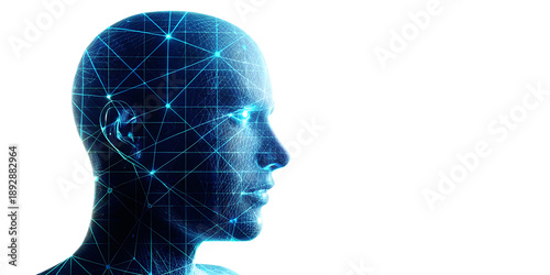 Blue digital human head with network connections isolated on a transparent background