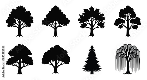 Four silhouetted trees against a plain white background