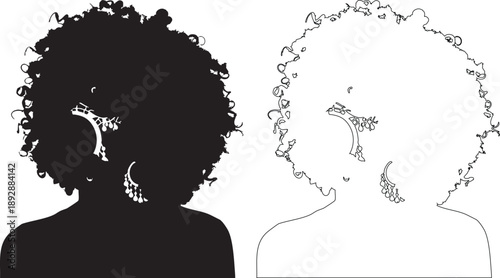 Black silhouette and outline of a person with curly hair
