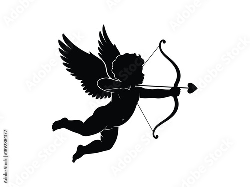 Classic Black Silhouette Vector Illustration of Flying Cupid with Bow and Heart Arrow, Symbolizing Love and Valentine's Day