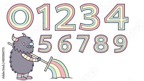 Furry purple monster character cheerfully pours a multicolored rainbow stream from a hose onto the ground.