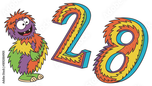 A purple, shaggy cartoon monster stands next to oversized, brightly colored numbers two and eight with layered outlines.