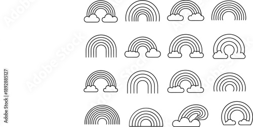 Collection of black and white rainbow and cloud line art icons vector
