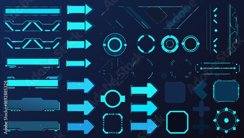 Collection of glowing blue geometric shapes and directional arrows