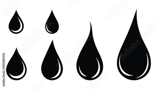 Set of black water drop vector illustration isolated on transparent background, liquid elements design
