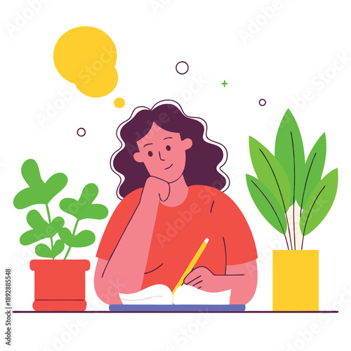 Woman Journaling Dreamy Thought Process Writing Creativity Inspiration Idea Generation Stationery Literature Diary