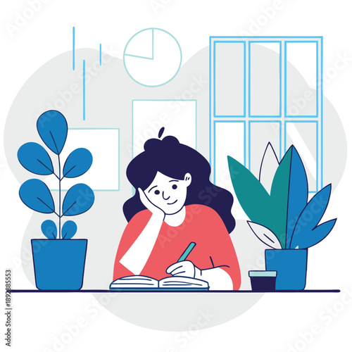 Young Woman Journaling at Home Surrounded by Plants Illustration in Flat Style