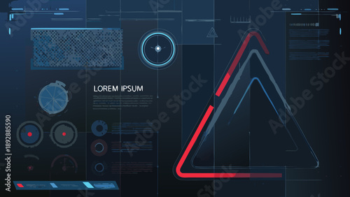 Futuristic user interface with geometric shapes and data visualization elements