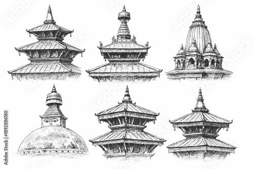 Traditional Asian Pagodas and Temple Roofs Hand-Drawn Engraving Illustration Set