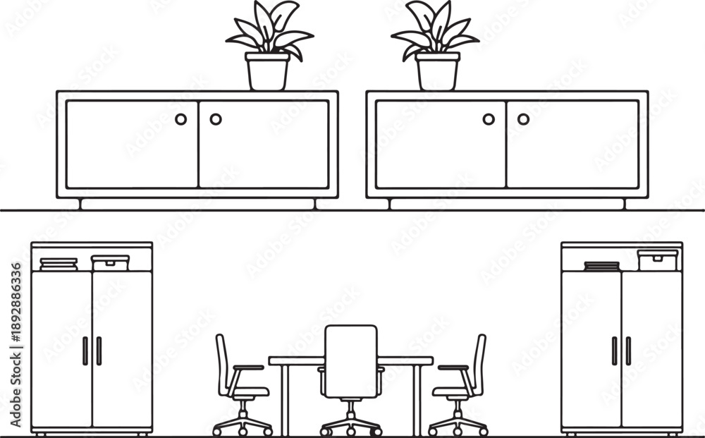 Fototapeta premium Modern Office Setup with Cabinets Desk Chairs and Potted Plants