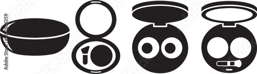 Open makeup compact icon with circular mirror and standalone cosmetic brush side view black silhouette illustration vector. set
