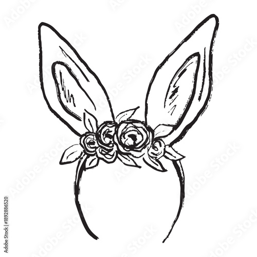 Hand drawn bunny ear headband with roses and leaf accents, perfect for spring or Easter-themed designs. Vector sketch illustration in vintage doodle crayon charcoal style