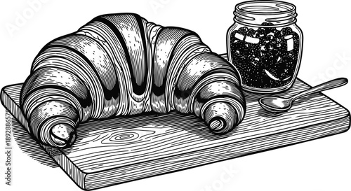 Croissant and jam jar with spoon on wood board. Breakfast snack with pastry. Vector illustration for cafe menu, recipe book