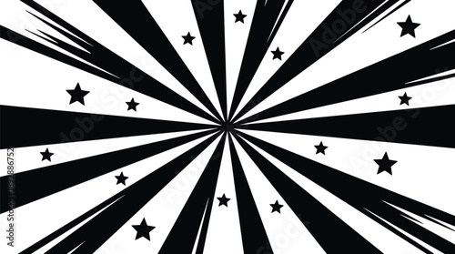 Sunburst comic zoom background with black radial rays and stars for manga action transition
