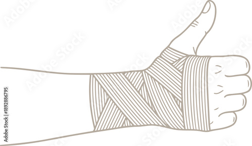 Hand with thumbs up in bandage. Wrist support for recovery, injury, first aid. Outline black and white vector illustration for sport, medical design