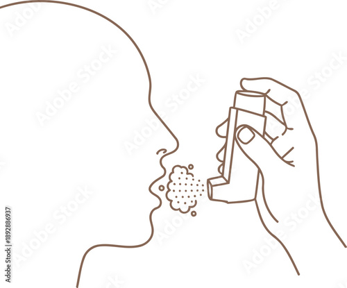 Face of a man using an asthma inhaler for respiratory health assistance, allergy, breath problem concept. Vector line art illustration