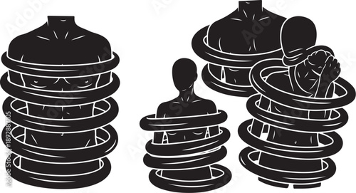 Black and white illustration of people in spring coils