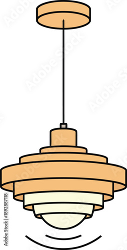 A modern pendant light fixture with layered orange and cream shades hanging from a ceiling mount on a