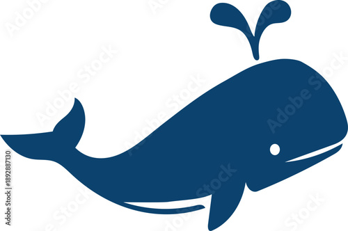 A Stylized Dark Blue Silhouette of a Whale Spouting Water on a White Background