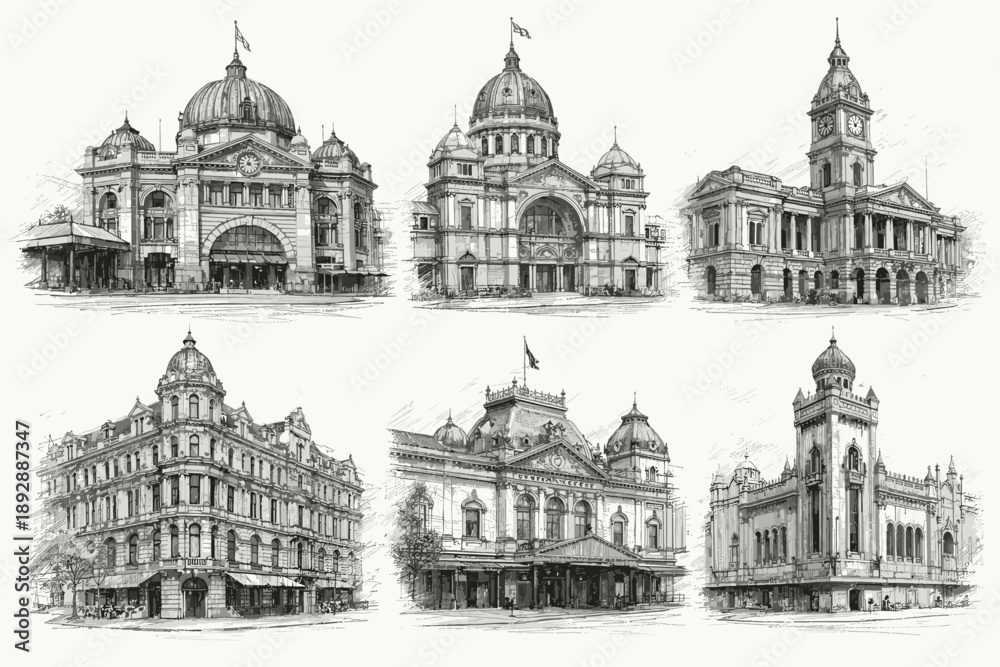 Obraz premium Historic European Buildings and Classical Architecture Hand-Drawn Engraving Illustration Set