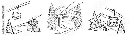 Hand drawn ski lift scenes in snowy pine forest with mountain slopes and cable towers. Vector sketch illustration in vintage crayon charcoal style. Winter sport landscapes
