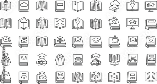 Professional Education Icon Set Featuring Graduation Caps Books Online Learning University Degrees Academic Study Library Symbols and School Knowledge Development Thin Line Art