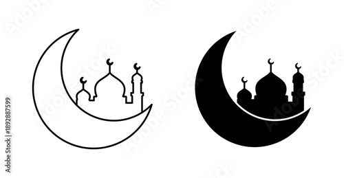 Islamic Crescent Moon and Mosque Silhouette Ramadan Eid Line Icon