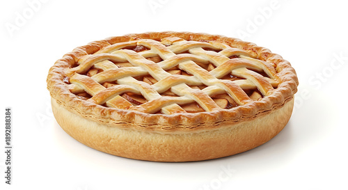 Photorealistic studio photograph of a whole classic apple pie, freshly baked and isolated on a pure white seamless background