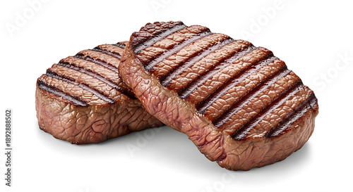 Photorealistic studio photograph of two thick, juicy barbecue beef steaks, perfectly grilled and isolated on a pure white seamless background.