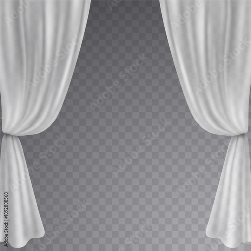 White curtains isolated on transparent background. Vector 3d cloth, soft lightweight fabric. Textile drapery veil, hanging window decoration