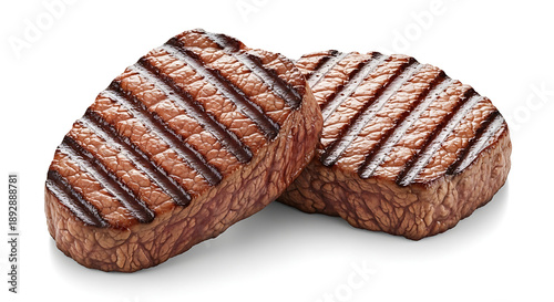 Photorealistic studio photograph of two thick, juicy barbecue beef steaks, perfectly grilled and isolated on a pure white seamless background.