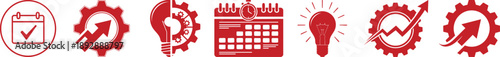 Modern vector icon set for business planning, progress, and process optimization. Symbols include task management, innovation, and continuous improvement concepts