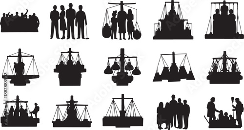 Silhouettes of people on scales and balance concepts
