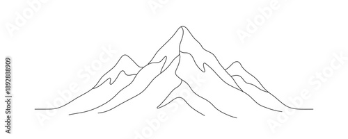WebMountains drawn with a single continuous line. Single-line drawing, symbol of travel, snow, and mountain beauty, vector illustration.