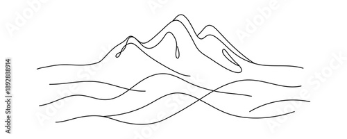 WebMountains drawn with a single continuous line. Single-line drawing, symbol of travel, snow, and mountain beauty, vector illustration.