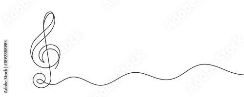 Treble clef continuous one line drawing. Music sign in simple linear style. Vector illustration.