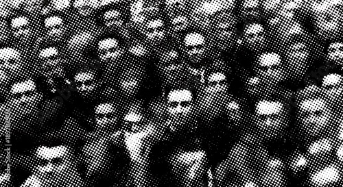 Black and white halftone crowd of people faces pattern