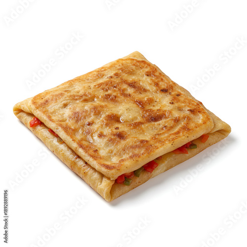 Photorealistic studio photograph of traditional Algerian mhajeb (mahjouba), freshly cooked and isolated on a pure white seamless background.