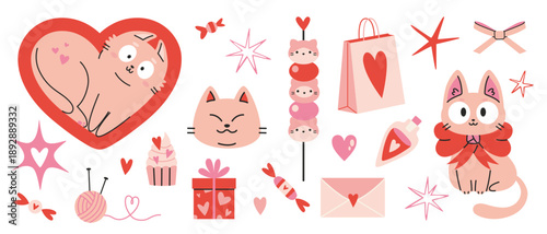 Valentine themed set with cat characters and romantic objects including hearts, gifts, candy and decorations. Trendy modern vector illustration isolated on white background, hand drawn, flat design