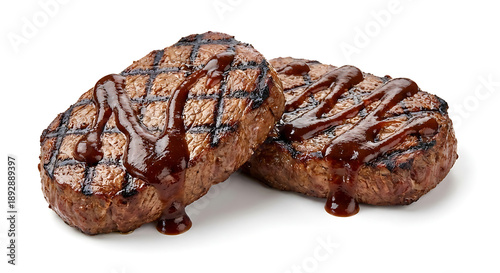 Photorealistic studio photograph of two thick, juicy barbecue beef steaks, perfectly grilled and isolated on a pure white seamless background, topped with rich barbecue sauce.
