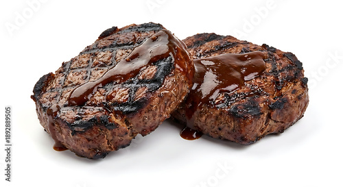 Photorealistic studio photograph of two thick, juicy barbecue beef steaks, perfectly grilled and isolated on a pure white seamless background, topped with rich barbecue sauce.