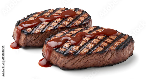Photorealistic studio photograph of two thick, juicy barbecue beef steaks, perfectly grilled and isolated on a pure white seamless background, topped with rich barbecue sauce.