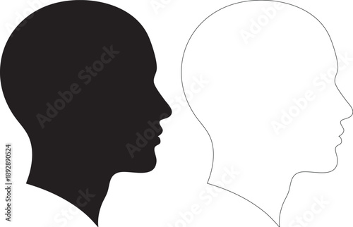 Black silhouette and outline of two human heads side by side white