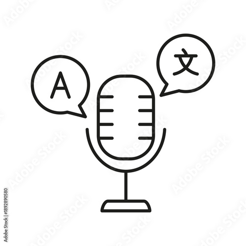 Microphone With Language Bubbles Line Icon. Voice Translation And Multilingual Communication Outline Symbol. Speech Recognition And Language Learning. Editable Stroke. Isolated Vector Illustration