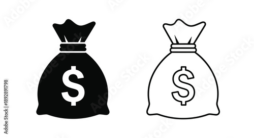 Two money bag icons one filled and one outlined silhouette